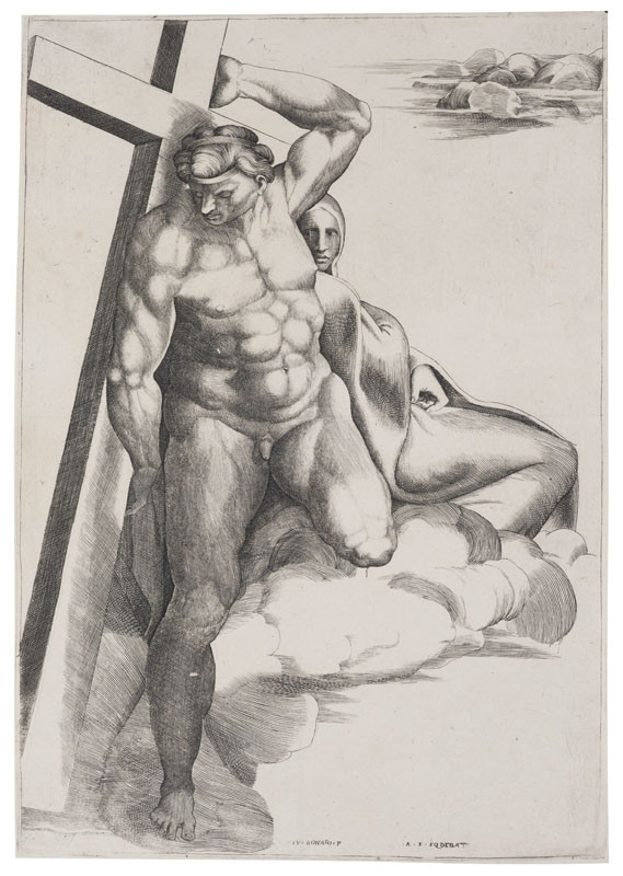 Giulio Bonasone - rytec, Michelangelo Buonarroti - inventor, Antonio Salamanca - vydavatel - Sv. Ondřej - postava z Michelangelova Posledního soudu