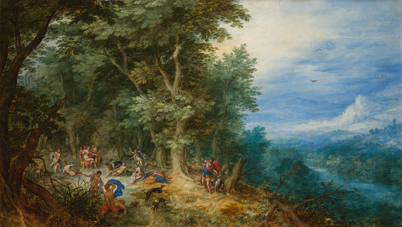 Jan I. Brueghel, Hendrick de Clerck I. - Krajina s Dianou a Akteonem
