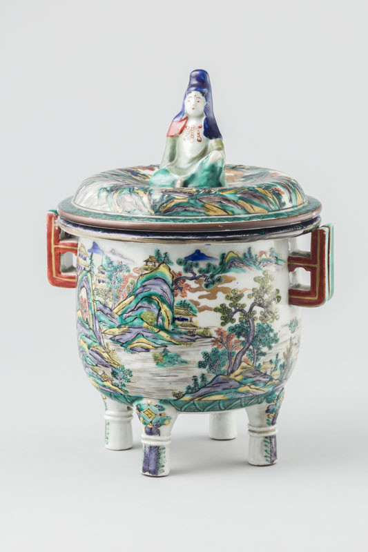 Anonymous artist - Four-legged vessel with a landscape on its body and the figure of Kannon (Guanyin) on the lid