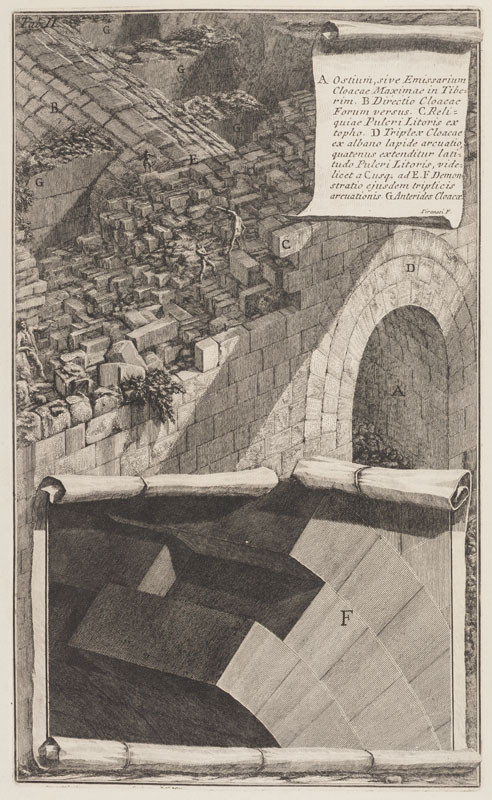 Giovanni Battista Piranesi - rytec - Vyústění kanálu Cloaca Maxima do Tibery, z cyklu Della Magnificenza ed Architettura de´ Romani, list II