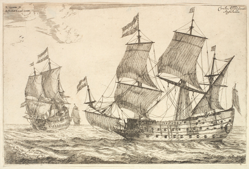Reinier Nooms Zeeman - engraver - Two large men-of-war, from a series Naval harbours with shipbuilding