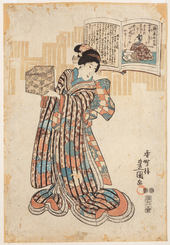 Utagawa Kunisada (Tojokuni III.) - Krasavice jako alegorie básně od Minamoto no Sanetoma, 93. básně ze sbírky Sto básní od sta básníků