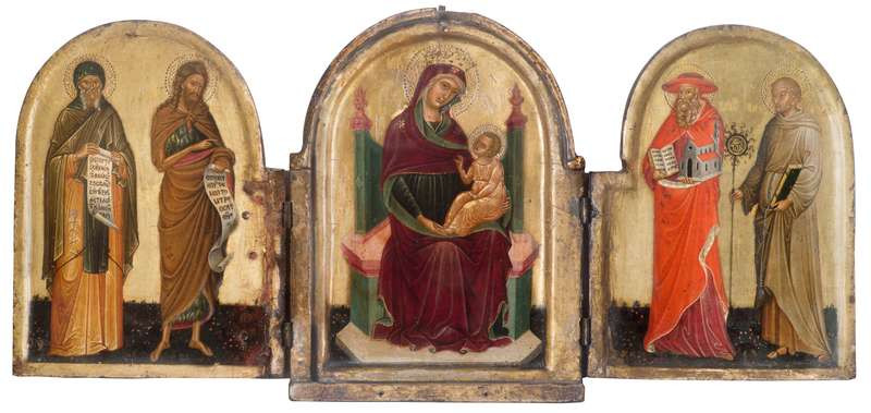 Anonym - Benátský malíř činný v polovině 15. století - Triptych s Bohorodičkou na trůně mezi sv. Antonínem Velikým, sv. Janem Předchůdcem, sv. Jeronýmem a sv. Bernardinem Sienským