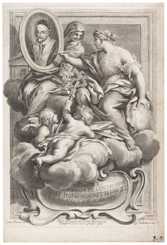 Ciro Ferri - inventor, Girard Audran - engraver - An Allegorical Figure Painting the Portrait of Pope Innocent IX