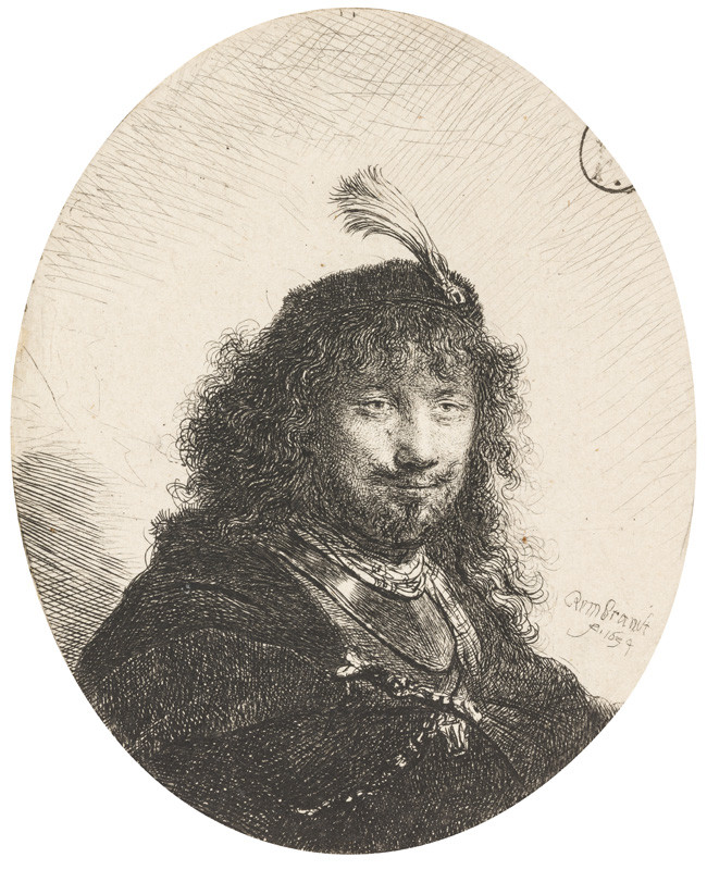 Rembrandt Harmenszoon van Rijn - Oválný autoportrét s pírkem na čepici