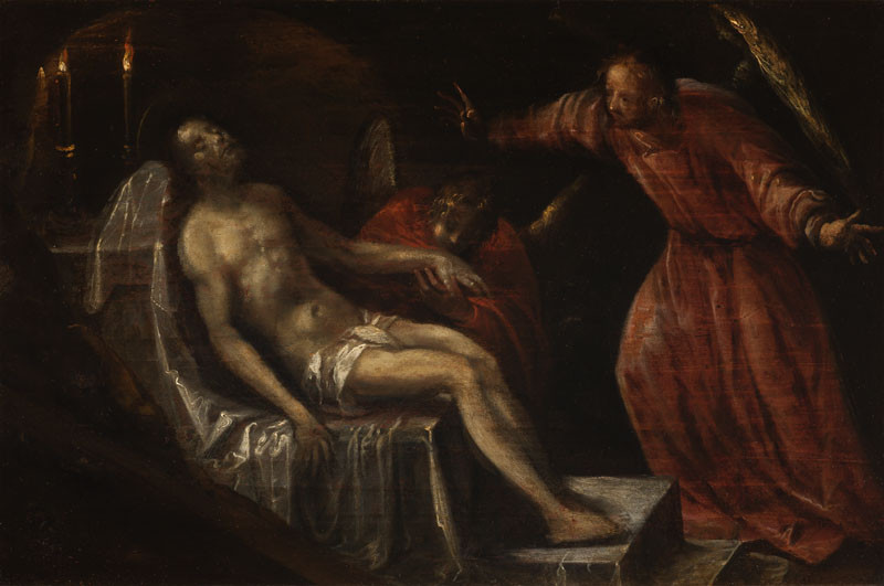 Hans von Aachen - žák - Mrtvý Kristus v hrobě oplakávaný dvěma anděly