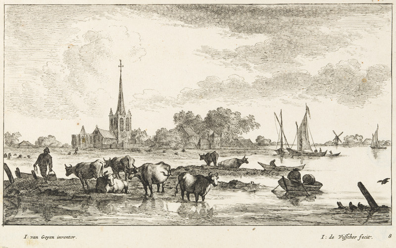 Jan Visscher - rytec, Jan Josefsz van Goyen - inventor - Krávy pasoucí se na pobřeží, z cyklu Říční krajiny