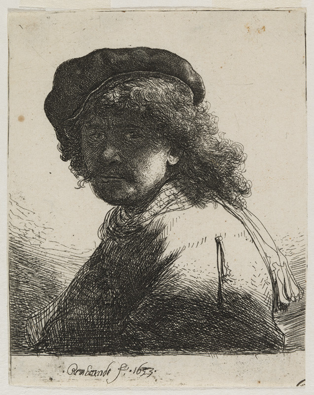 Rembrandt Harmenszoon van Rijn - Autoportrét s baretem, šátkem a zastíněnou tváří