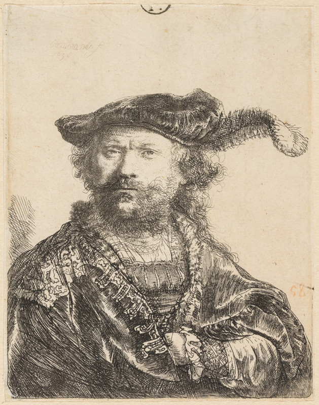 Rembrandt Harmenszoon van Rijn - Vlastní podobizna v baretu s pírkem