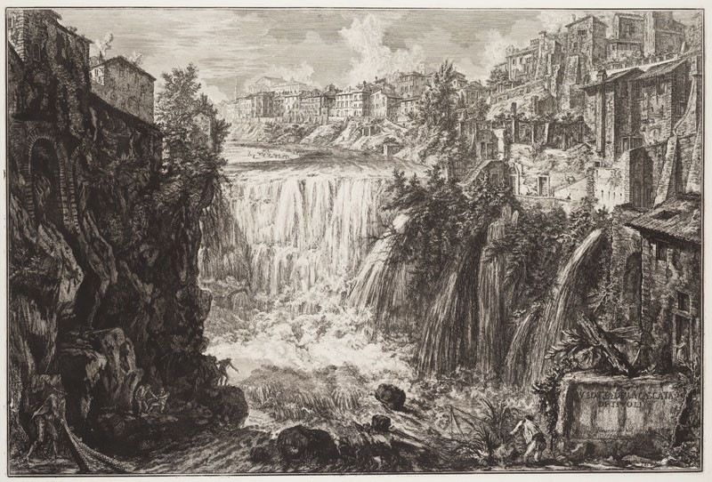 Giovanni Battista Piranesi - rytec - Pohled na vodopád v Tivoli, z alba Vedute di Roma
