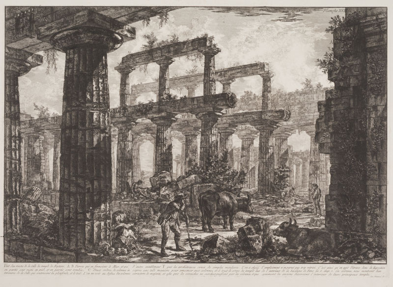 Giovanni Battista Piranesi - rytec - Pohled na pozůstatky cely Neptunova chrámu, z cyklu Différentes vues de Pesto, tab. XVII