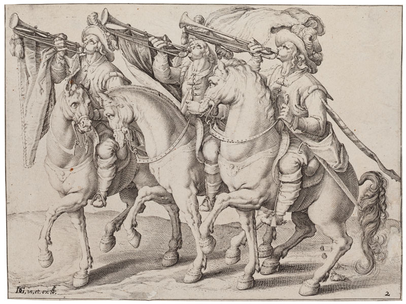 Jacques de Gheyn II. - rytec (dílna), Jacques de Gheyn II. - inventor (tvůrce předlohy) - Trubači, z cyklu Jezdecká škola, (č. 2)