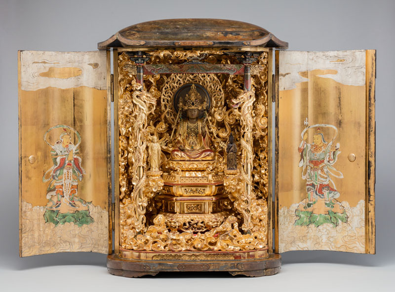 Anonym - Oltář s trojicí Buddhy Amidy a ochránci bódhisattvou Kannon a bódhisattvou Džizóem