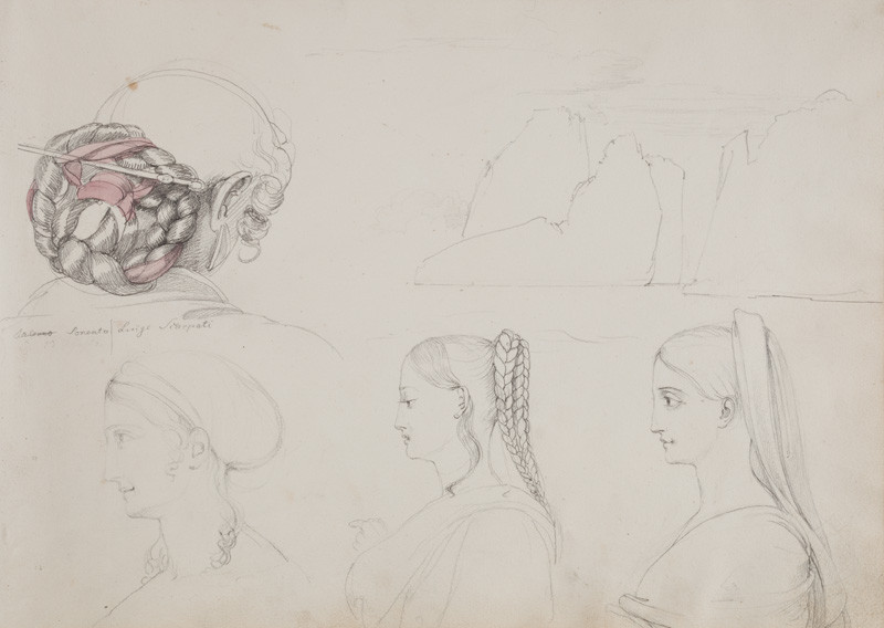 František Tkadlík - Sheet from the Southern Italian Sketchbook - study from Sorrento - women’s heads, studies of coiffures; rock formations near Capri