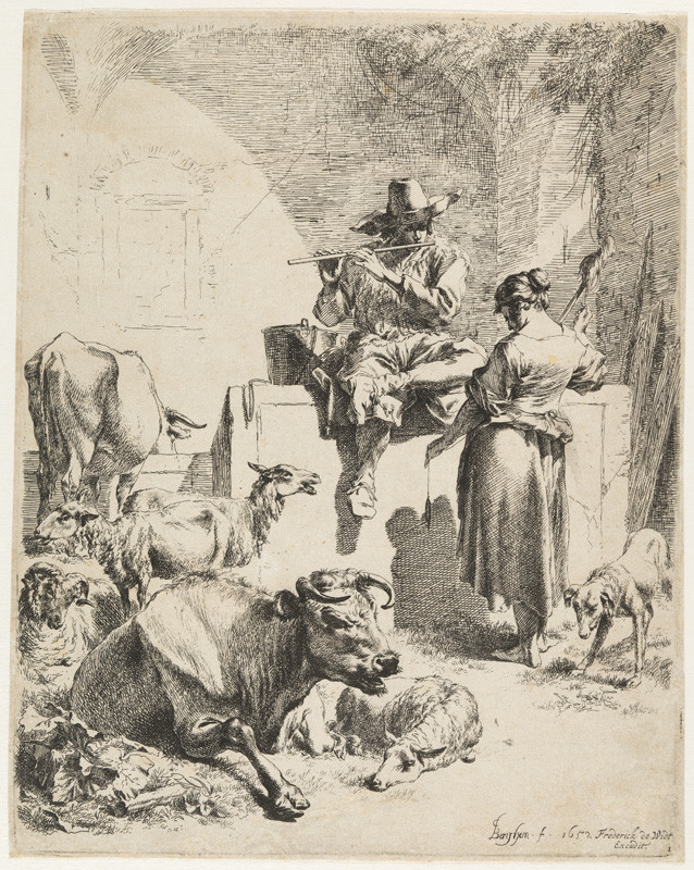 Nicolaes Berchem - rytec - Pasáček sedící na fontáně a přadlena