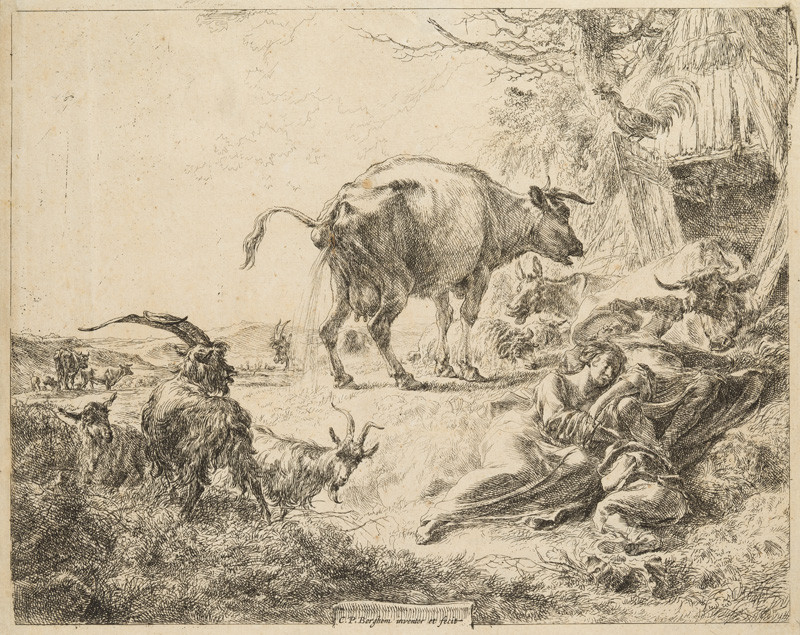 Nicolaes Berchem - engraver - The sleeping shepeardess and the cow urinating