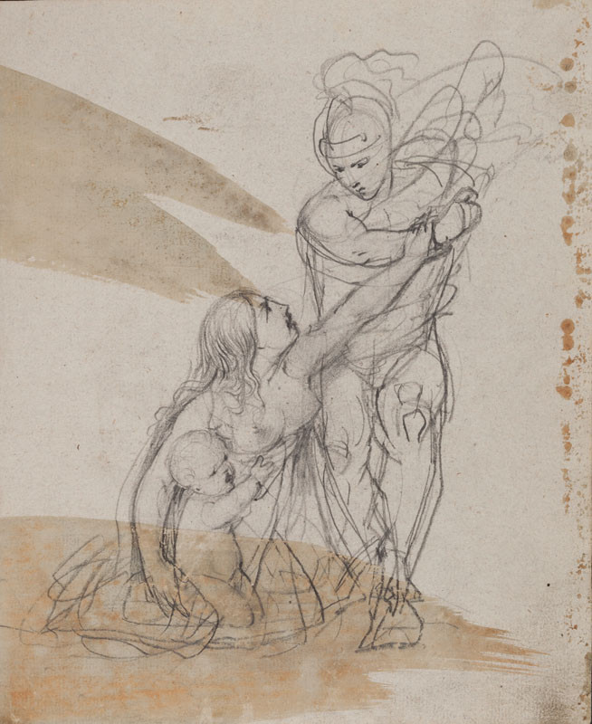 František Tkadlík - Sheet from Sketchbook A - sketch with the theme of the Massacre of the Innocents, Reverse side: Kneeling male nude