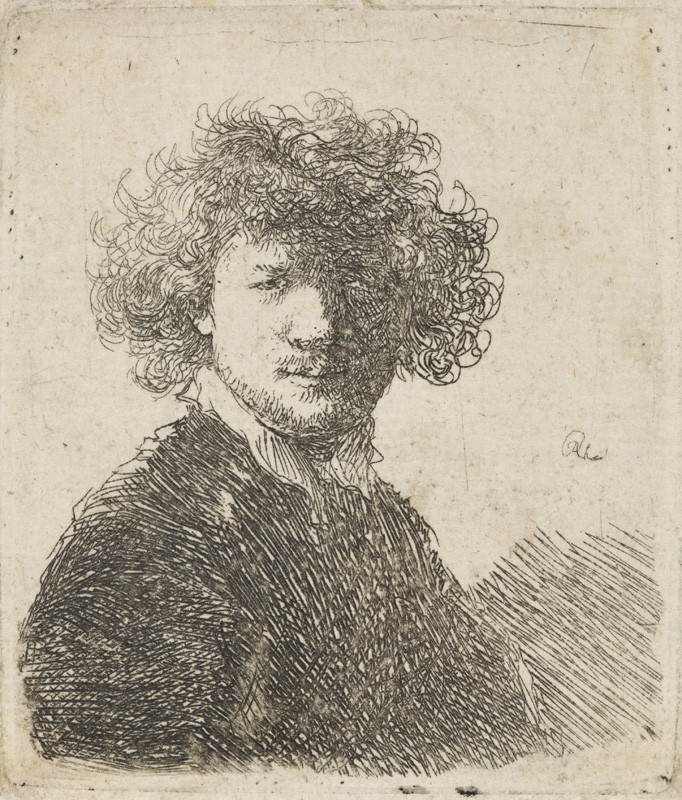 Rembrandt Harmenszoon van Rijn - Autoportrét s kadeřavými vlasy a bílým límcem