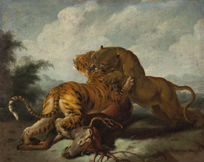 Karl Andreas Ruthart - Tiger and Lioness Fighting for Prey