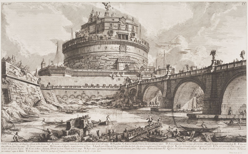 Giovanni Battista Piranesi - rytec - Veduta mostu a mauzolea vybudovaných císařem Hadriánem, z cyklu Le Antichità Romane IV, tab. IV