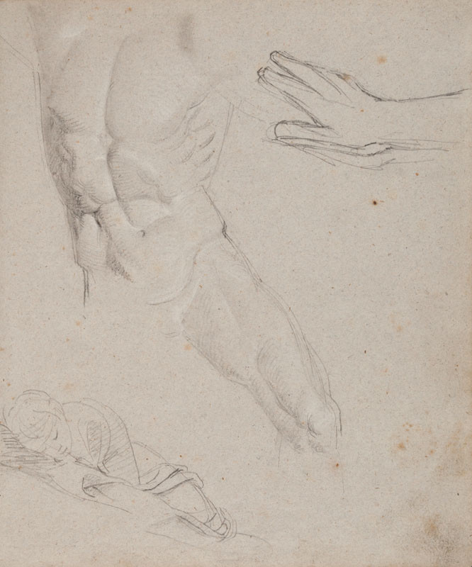 František Tkadlík - Sheet from Sketchbook A - study of a nude male figure (using Laocoön as the model); studies of a sleeping child and arm (for the composition of Hagar and Ismael), Reverse side: sketch using the Farnese Hercules as a model