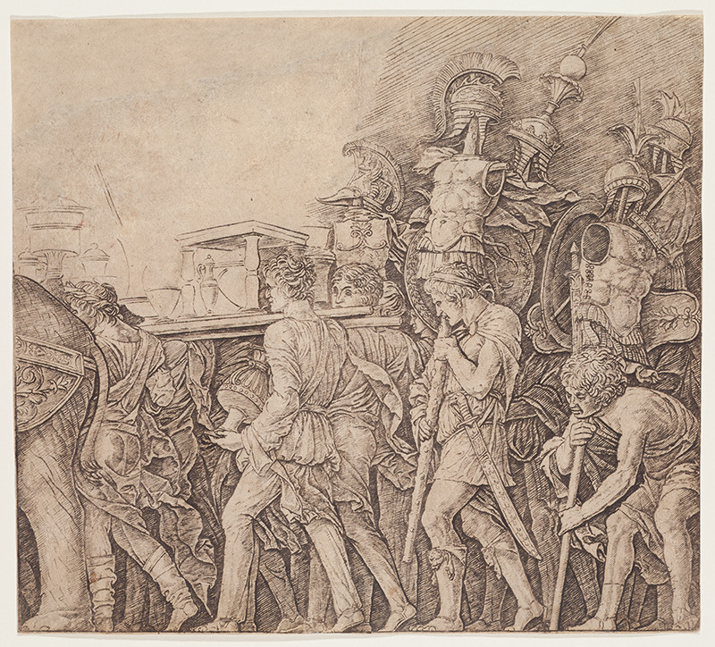 Andrea Mantegna - škola - Triumf Caesarův: Římští vojáci nesou válečné trofeje
