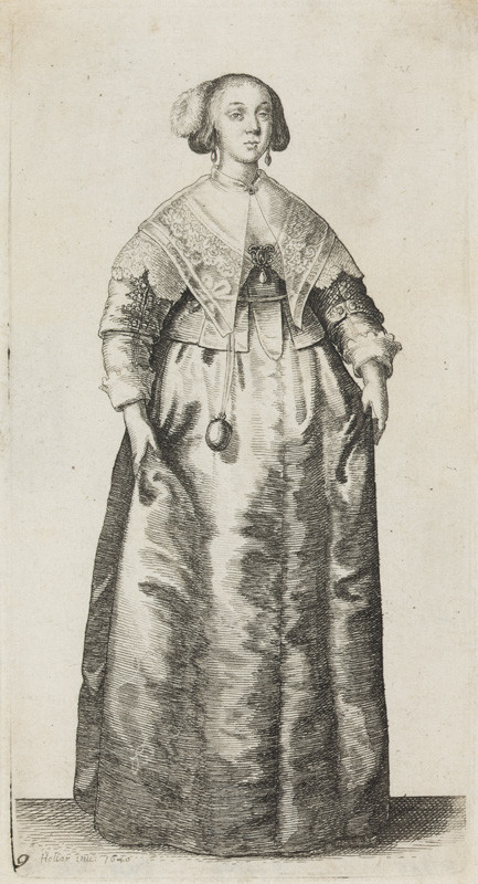 Václav Hollar - rytec - Dáma s perem ve vlasech, průsvitným límcem a sáčkem zavěšeným od pasu z cyklu Ornatus Mulieribus