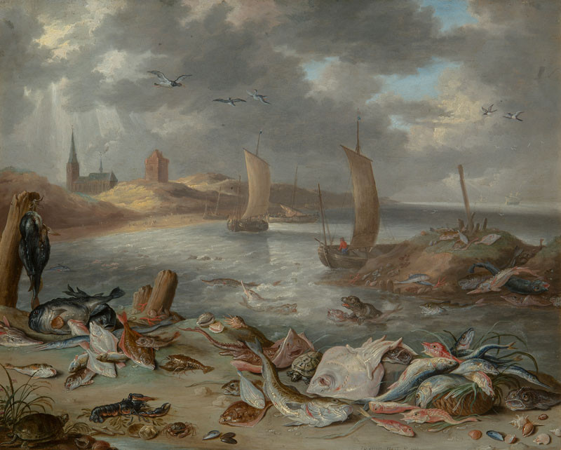 Jan I. van Kessel - Pobřeží s rybami