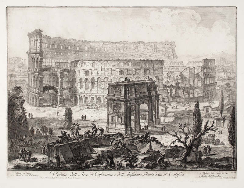 Giovanni Battista Piranesi - rytec - Konstantinův oblouk a Koloseum, z cyklu Vedute di Roma