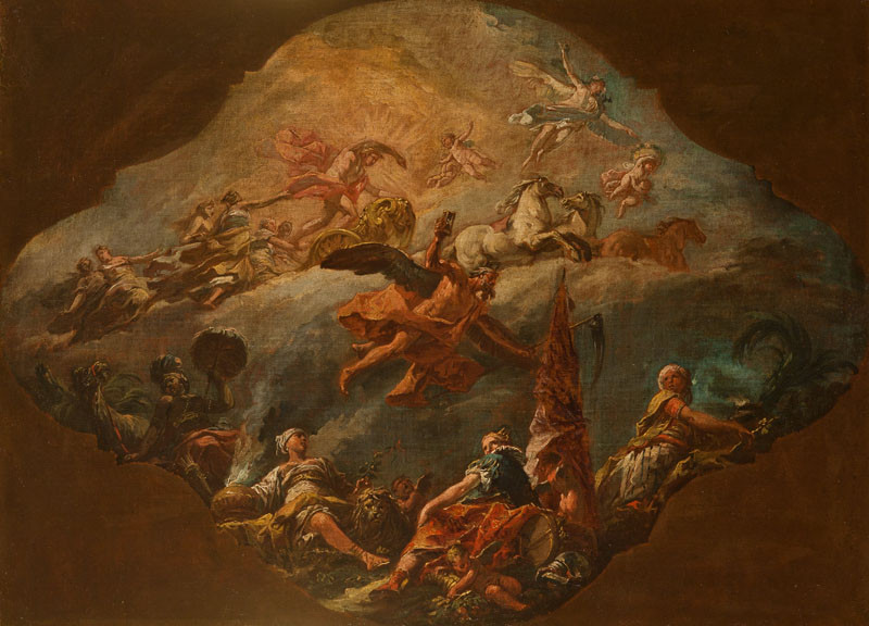 Gaspare Diziani - Alegorie s Apollónem, Chronem a čtyřmi světadíly