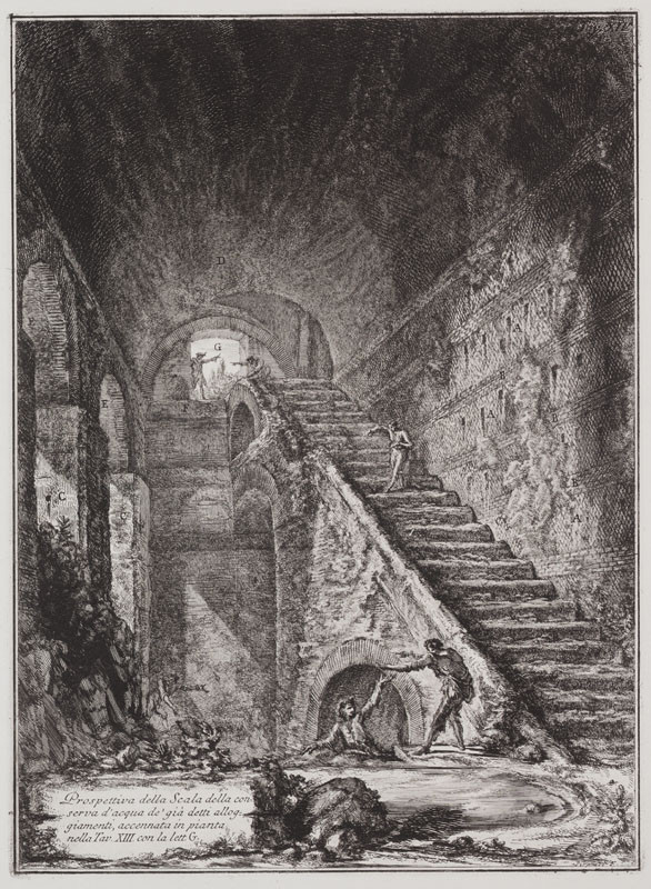 Giovanni Battista Piranesi - rytec - Pohled na schodiště reservoáru, z alba Antichità d'Albano e Castel Gandolfo, list XIV