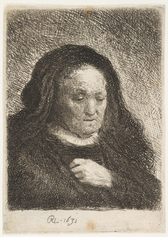 Rembrandt Harmenszoon van Rijn - Rembrandtova matka s rukou na prsou