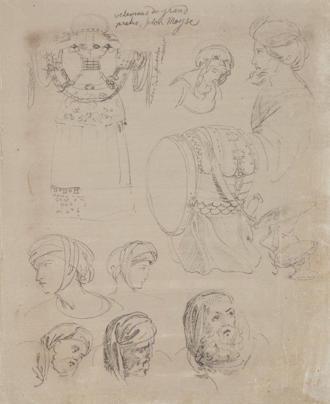 František Tkadlík - Sheet from Sketchbook C - sketches of historical armour; the costume of a high priest; studies of heads