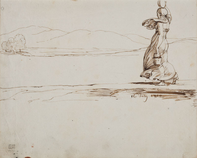 František Tkadlík - Sheet from Sketchbook C - woman with a wooden bucket and a jug in the landscape