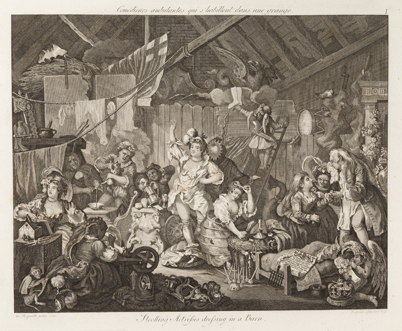 Ernst Ludwig Riepenhausen - rytec, William Hogarth - inventor - Potulní komedianti převlékající se v kůlně - podle Hogarthovy grafiky z roku 1738