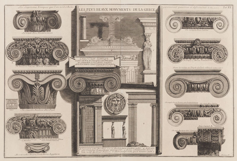 Giovanni Battista Piranesi - engraver - Roman Ionic capitals compared with Greek examples from Le Roy, from Della Magnificenza ed Architettura de´ Romani, Plate XX