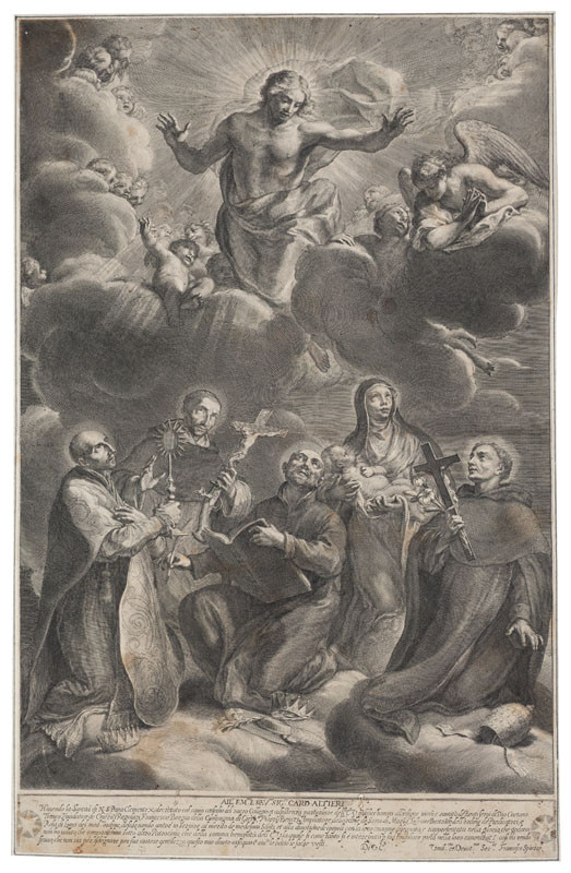 François Spierre - rytec - Kristus se sv. Růženou z Limy, Františkem Borgiou, Kajetánem, Filipem Benizi a Luisem Bertrandem