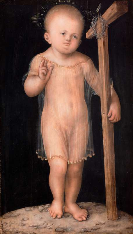 Lucas Cranach the Elder -  workshop - Christ Child Blessing with Cross, on the other side Suffering Christ (Man of Sorrows)