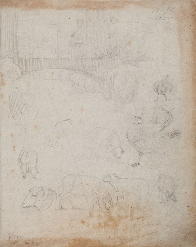 František Tkadlík - Sheet from Sketchbook C - sketch of a bridge and domestic animals