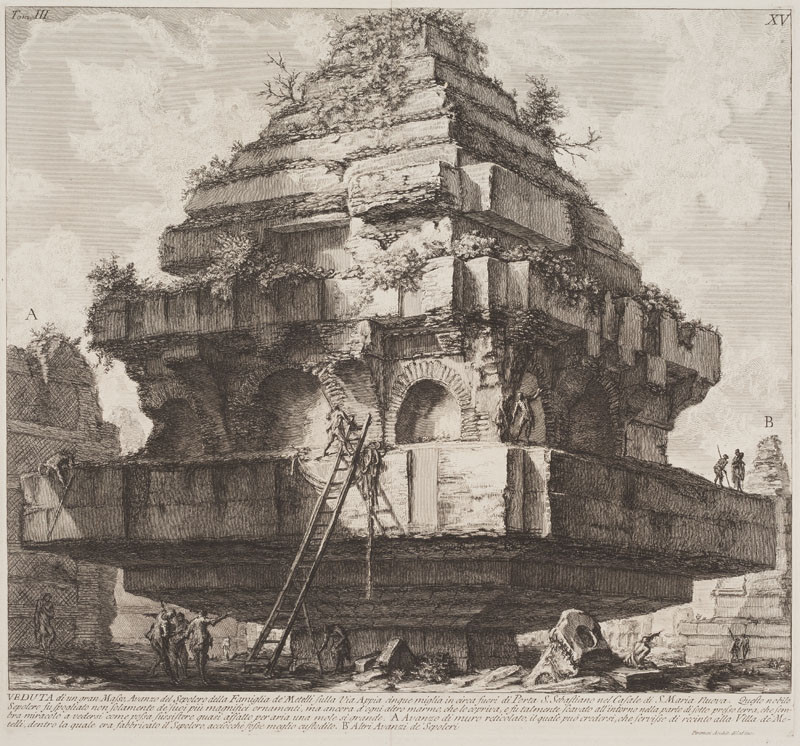 Giovanni Battista Piranesi - rytec - Pohled na velký masiv, ruinu hrobky rodiny Metellů na Via Appia, z alba Le Antichità Romane III, tab. XV