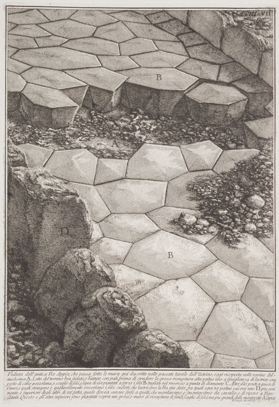 Giovanni Battista Piranesi - rytec - Via Appia Antica - složení silnice, z alba Le Antichità Romane III, tab. VII