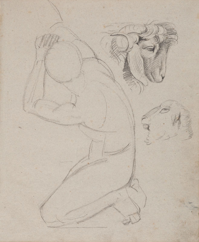 František Tkadlík - Sheet from Sketchbook A - study made of a statue of Ilioneus; studies of a ram’s head