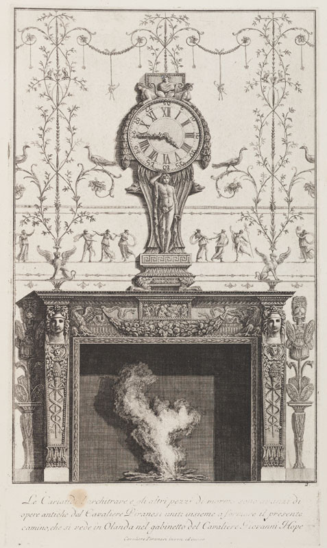 Giovanni Battista Piranesi - rytec - Krb s hodinami rytíře Hope, z alba Diverse maniere ďadornare i cammini, tab. 2