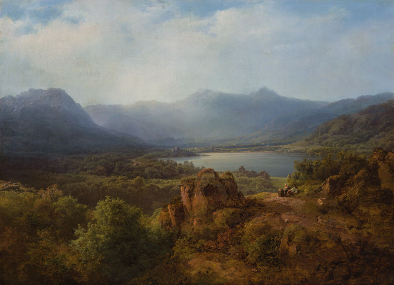 August Bedřich Piepenhagen - Horské údolí s jezerem a odpočívajícími poutníky