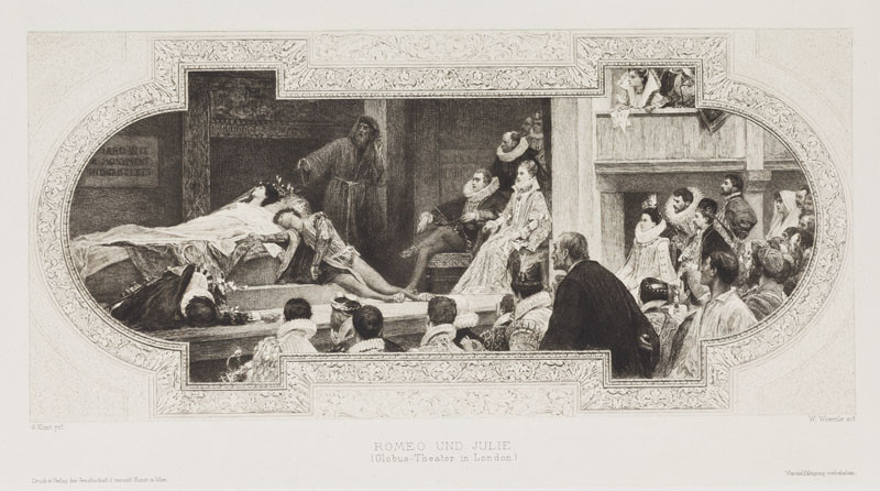 Wilhelm Woernle - engraver, Gustav Klimt - inventor - Romeo and Juliet in the Globe Theatre, London, after the ceiling fresco for the Burgtheater in Vienna
