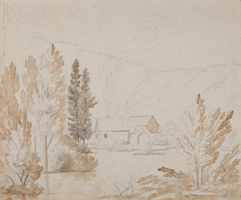 František Tkadlík - Sheet from Sketchbook A - landscape with farmhouse, Reverse side: seven sketches of a female figure