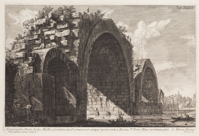 Giovanni Battista Piranesi - rytec - Pohled na most zvaný dnes Ponte Molle, z alba Il Campo Marzio dell´Antica Roma, tab. XXXIX