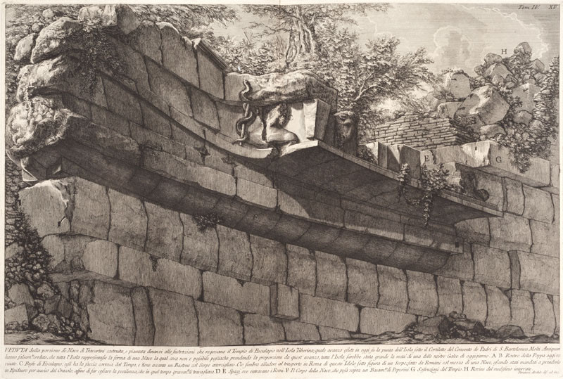 Giovanni Battista Piranesi - rytec - Pohled na část travertinové lodi postavené před základy Aeskulapova chrámu na Tiberském ostrově, z alba Le Antichità Romane IV, tab. XV