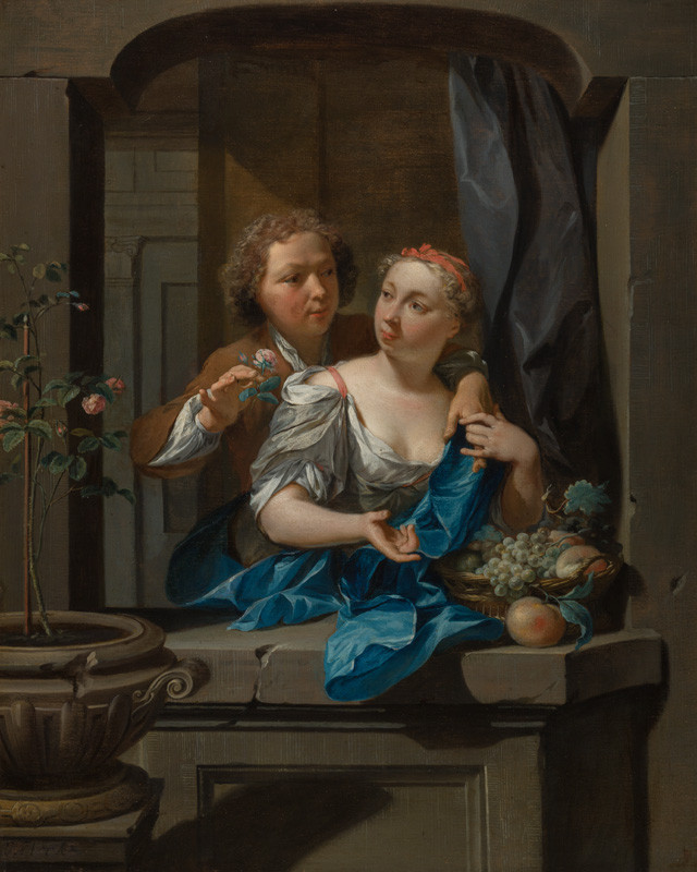 Nicolaes Verkolje - Mladík nabízející dívce růži (Una via est)