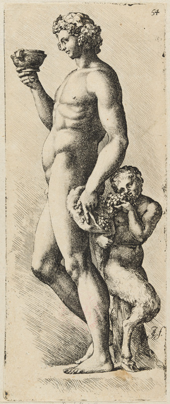 Jan de Bisschop - rytec, Cornelis van Poelenburgh - kreslíř - Bakchus - pohled zprava, Z alba Paradigmata Graphices variorum Artificum